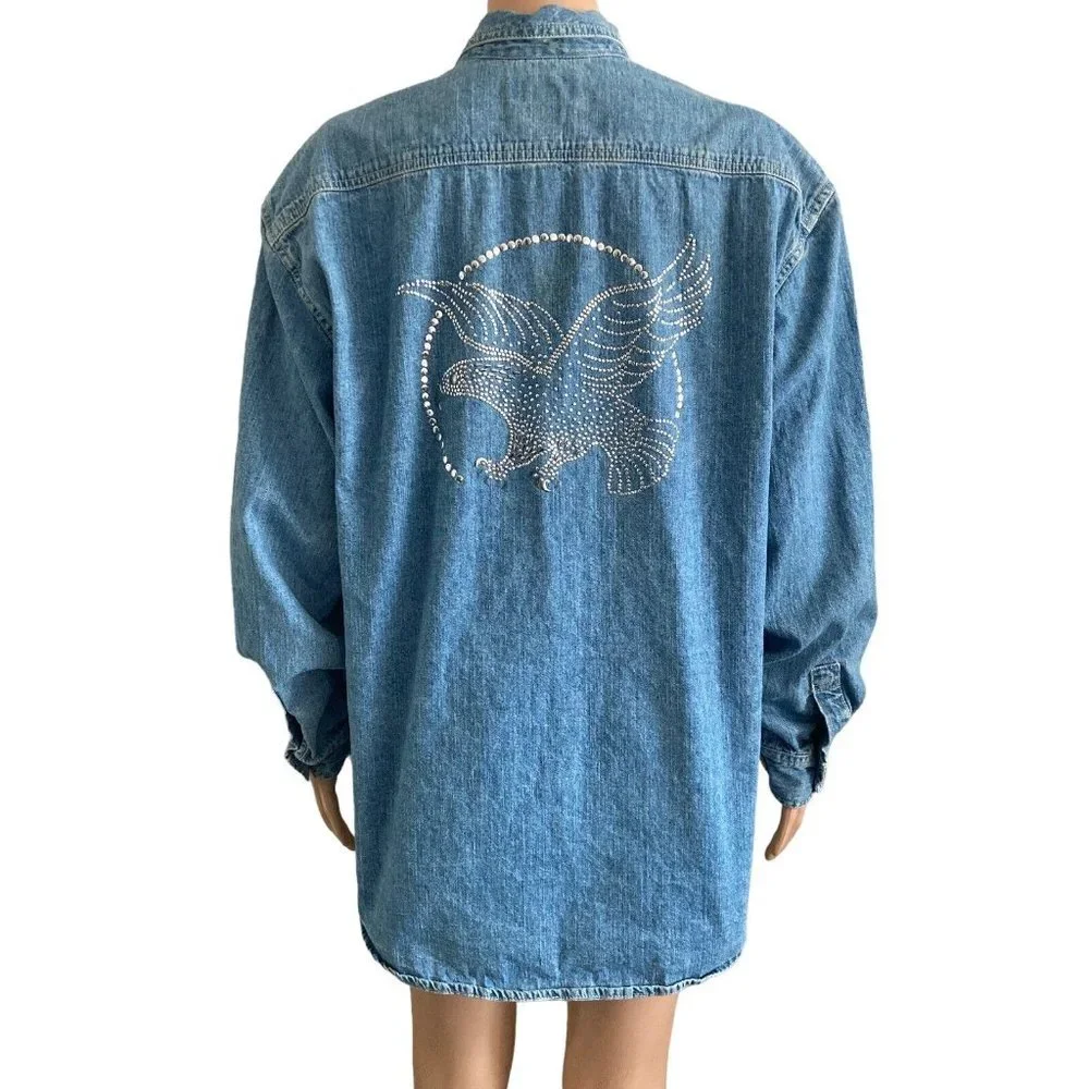 American Eagle Shirt Mens M Denim Eagle Graphic Silver Beaded Button Front Blue
